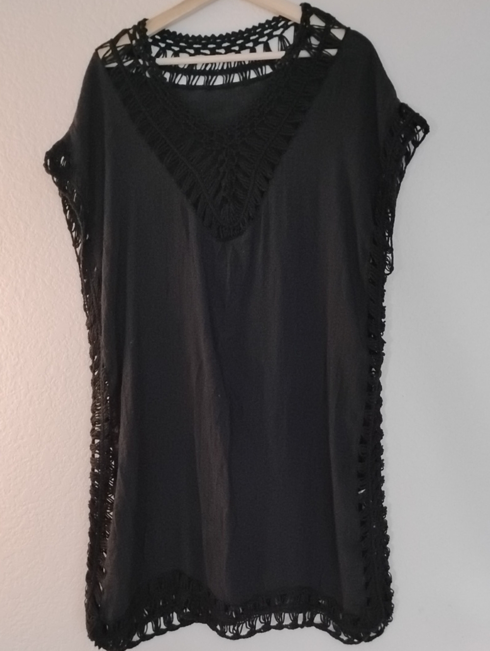 Boho Chic Style Women’s Black Crochet-Trim Swim Cover-Up